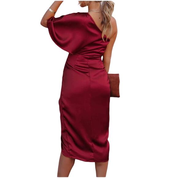 Do + Be Satin Cocktail Party Dress One Shoulder Asymmetrical Hem Red Burgundy S - Picture 2 of 11